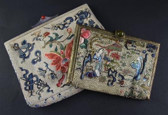 Two Chinese Peking Knot silk embroidered handbags, early 20th century, 26cm and 22cm
